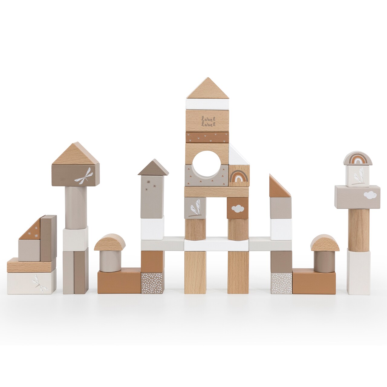 Label Label: Wooden Blocks Set 50pcs - Tan- Natural Wooden & Colored Blocks, Creative Building & Stacking, Range of Shapes & Sizes, Kids Ages 2+